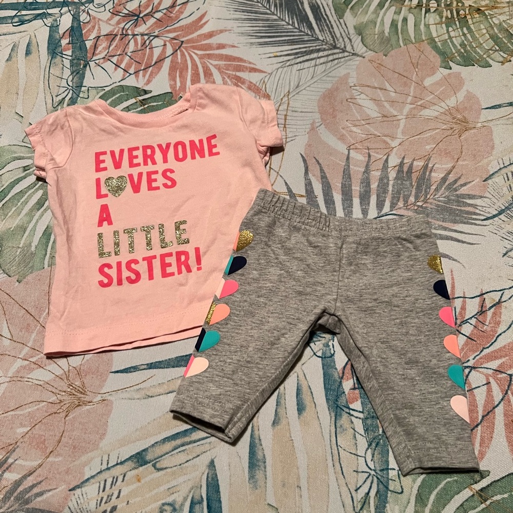 0-3 months little sister shirt and capri pants with hearts